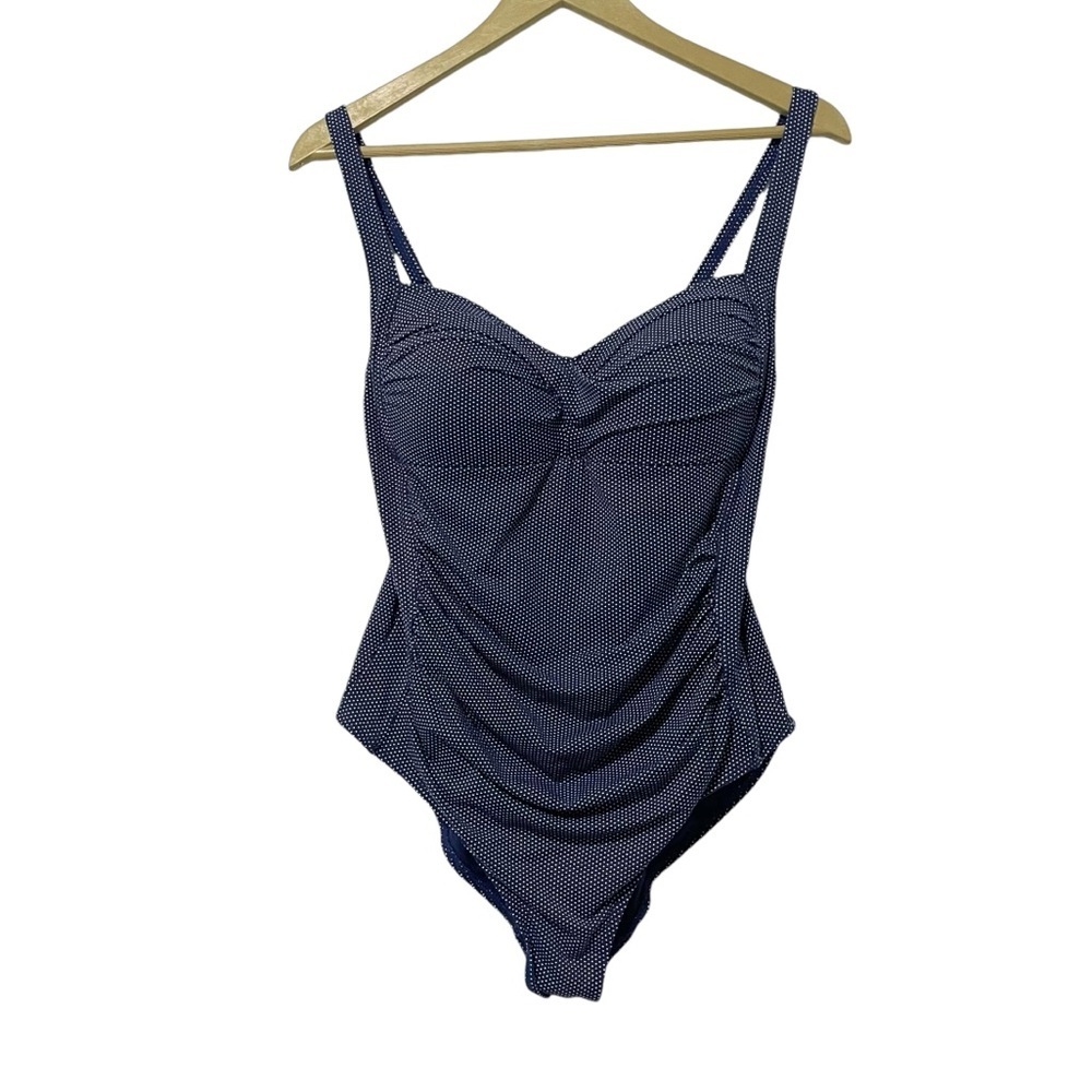 Niptuck Swim Navy Blue White Polka Dot US 10 Ruched One Piece Nautical Swimsuit
